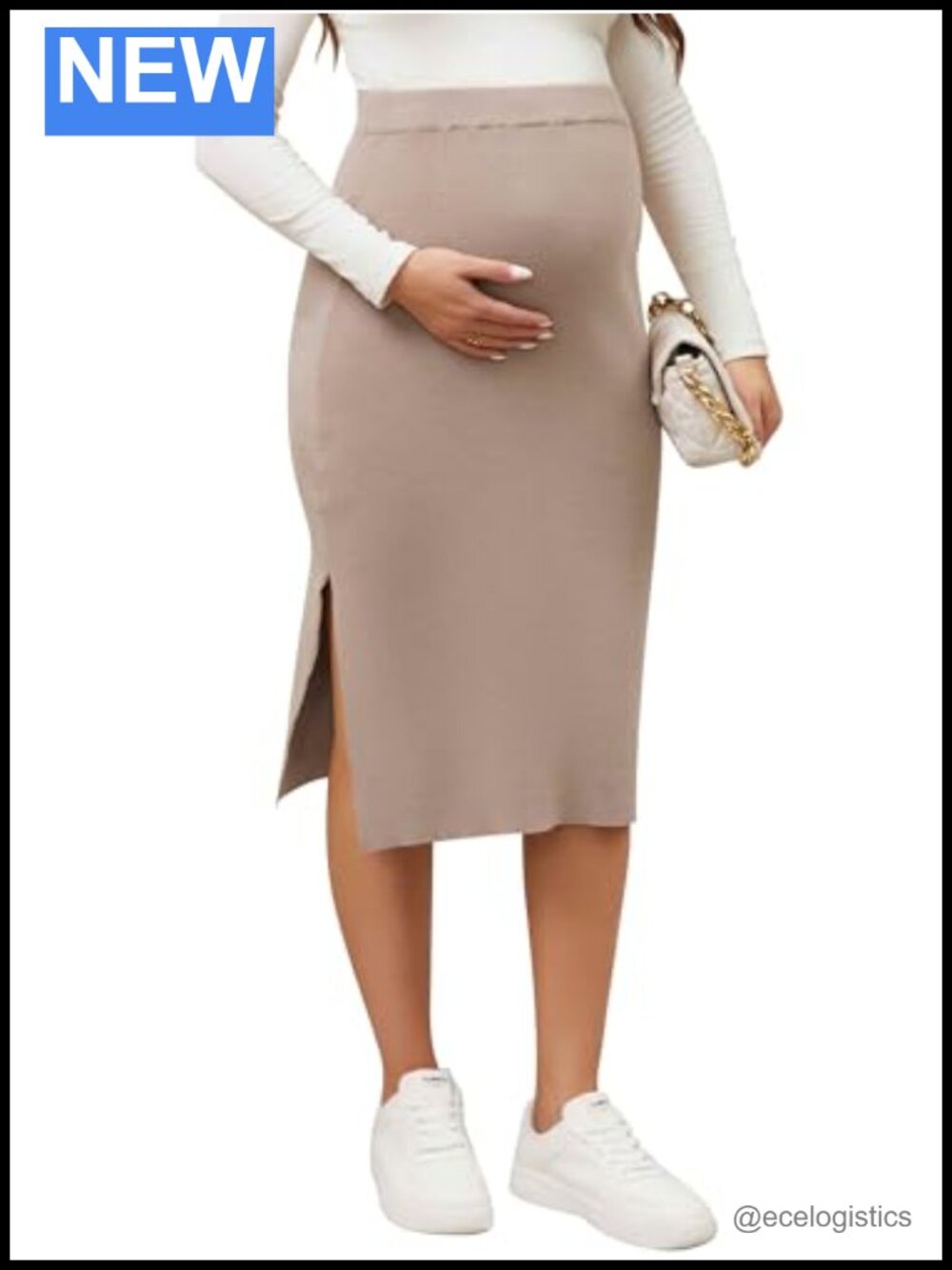 Maternity Ribbed Knit Sweater Midi Skirt Side Split Stretchy Bodycon Pencil